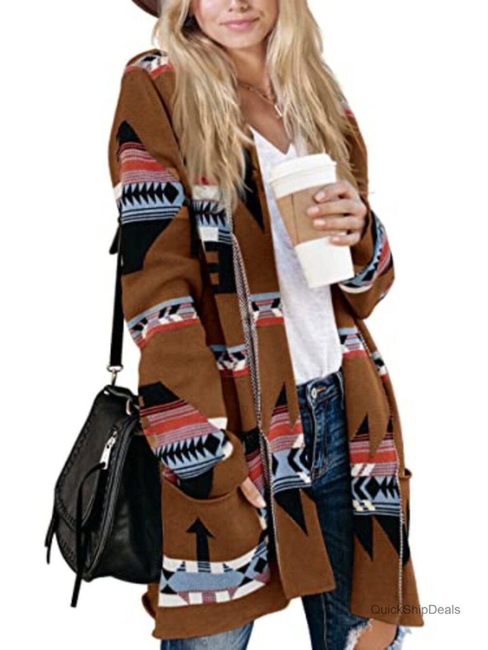 Boho Aztec Open Front Cardigan Long Sleeve Shawl Collar Sweater Coat